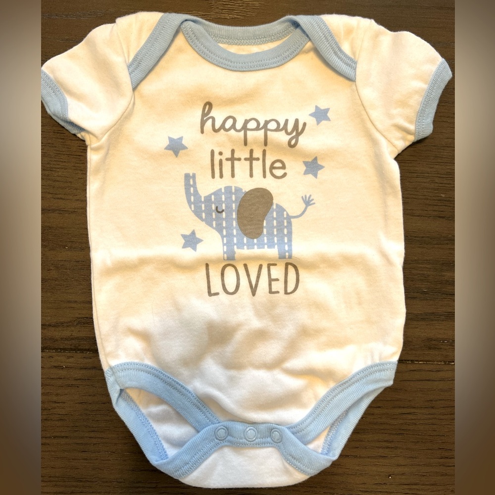 ‘Happy, Little, Loved’ Elephant Onesie & Striped Onesie